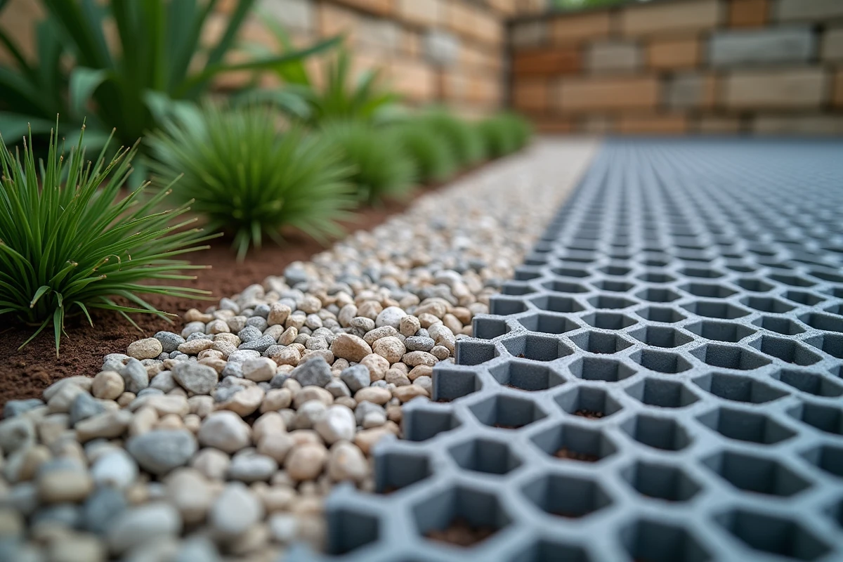 Gros plan sur une grille alvéolaire de stabilisation de gravier installée sur un talus en pente avec géotextile visible