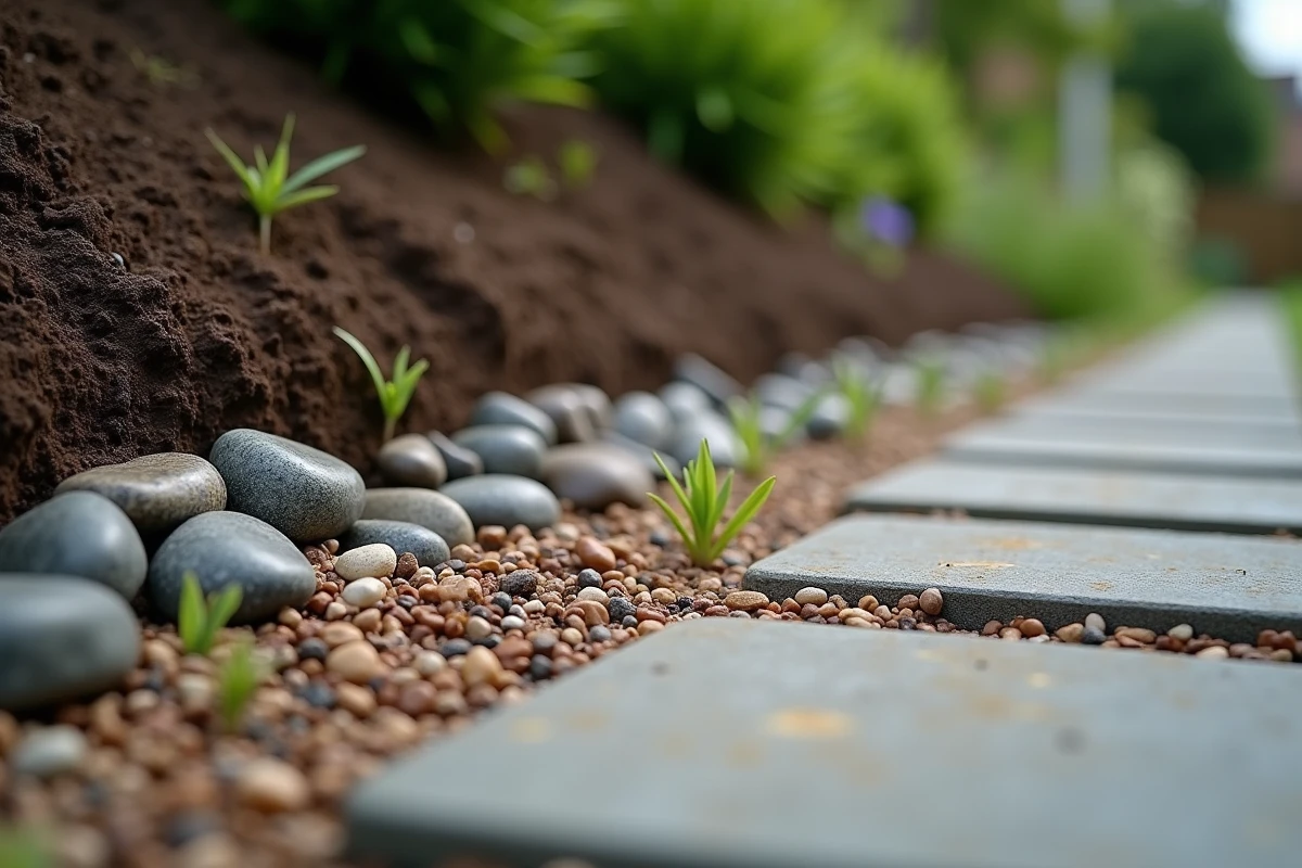 Détail en gros plan de cailloux et galets encastrés dans un talus de jardin pour retenir la terre