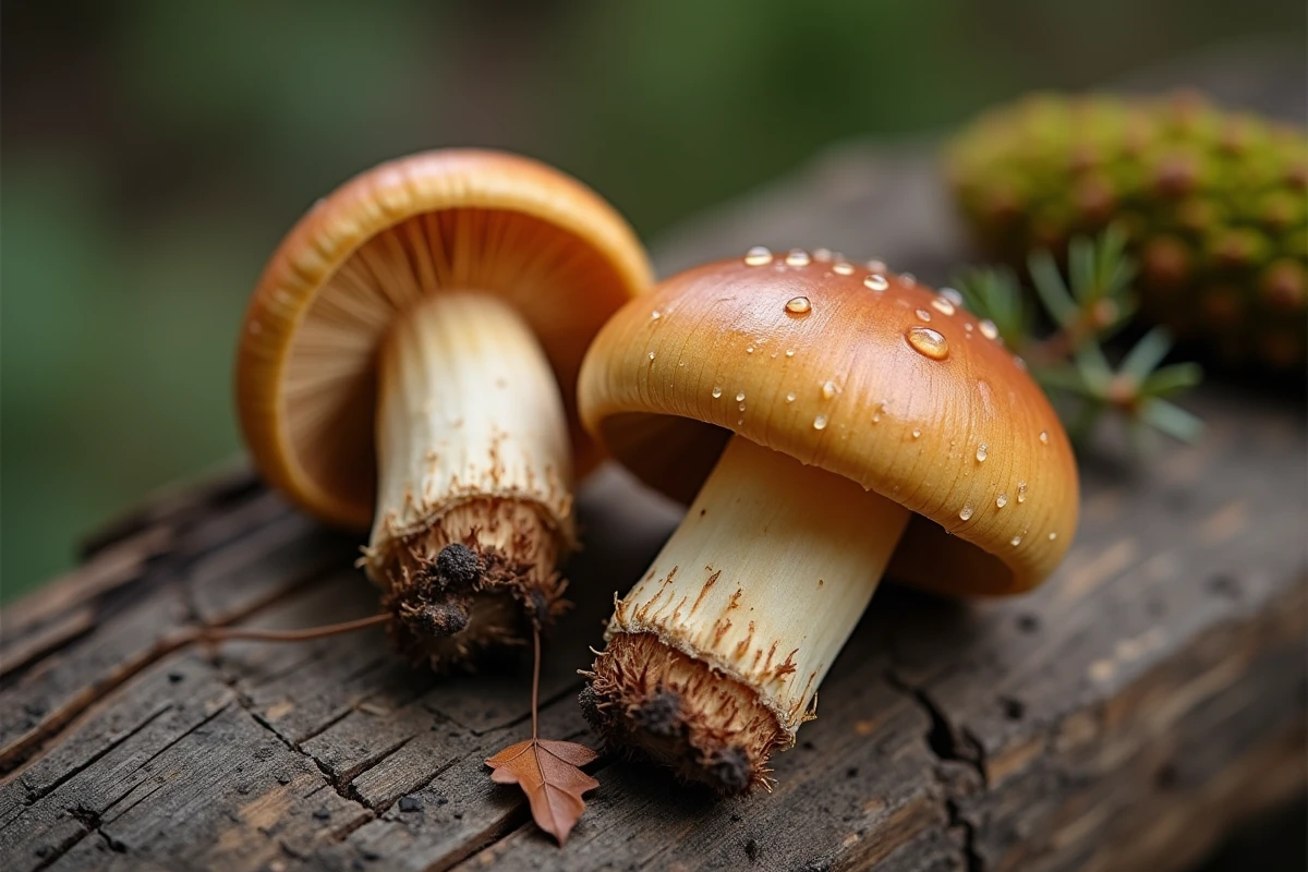 Gros plan sur deux cèpes frais posés sur une surface en bois rustique après la cueillette