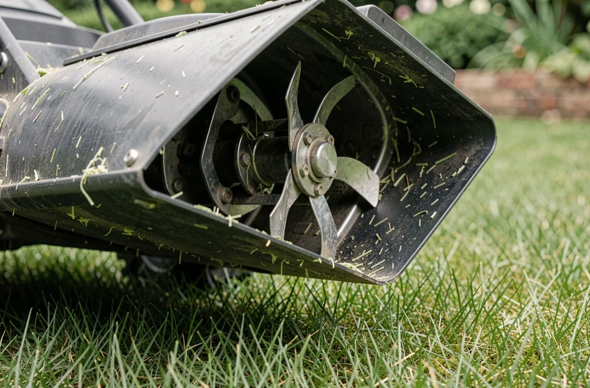 Gros plan du système de mulching sous le plateau de coupe d'une tondeuse sans fil sur batterie