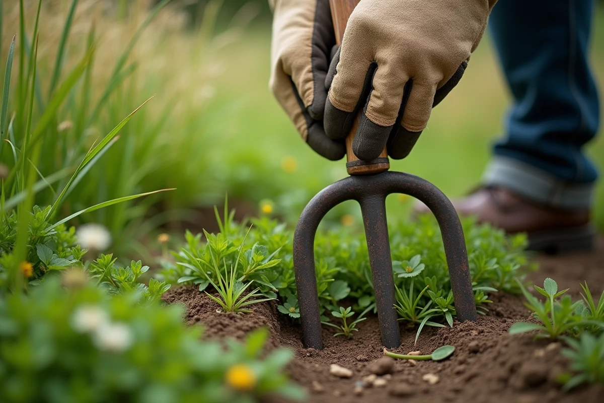Gros plan de mains gantées utilisant un outil manuel pour couper l'herbe haute dans un jardin naturel sans tondeuse