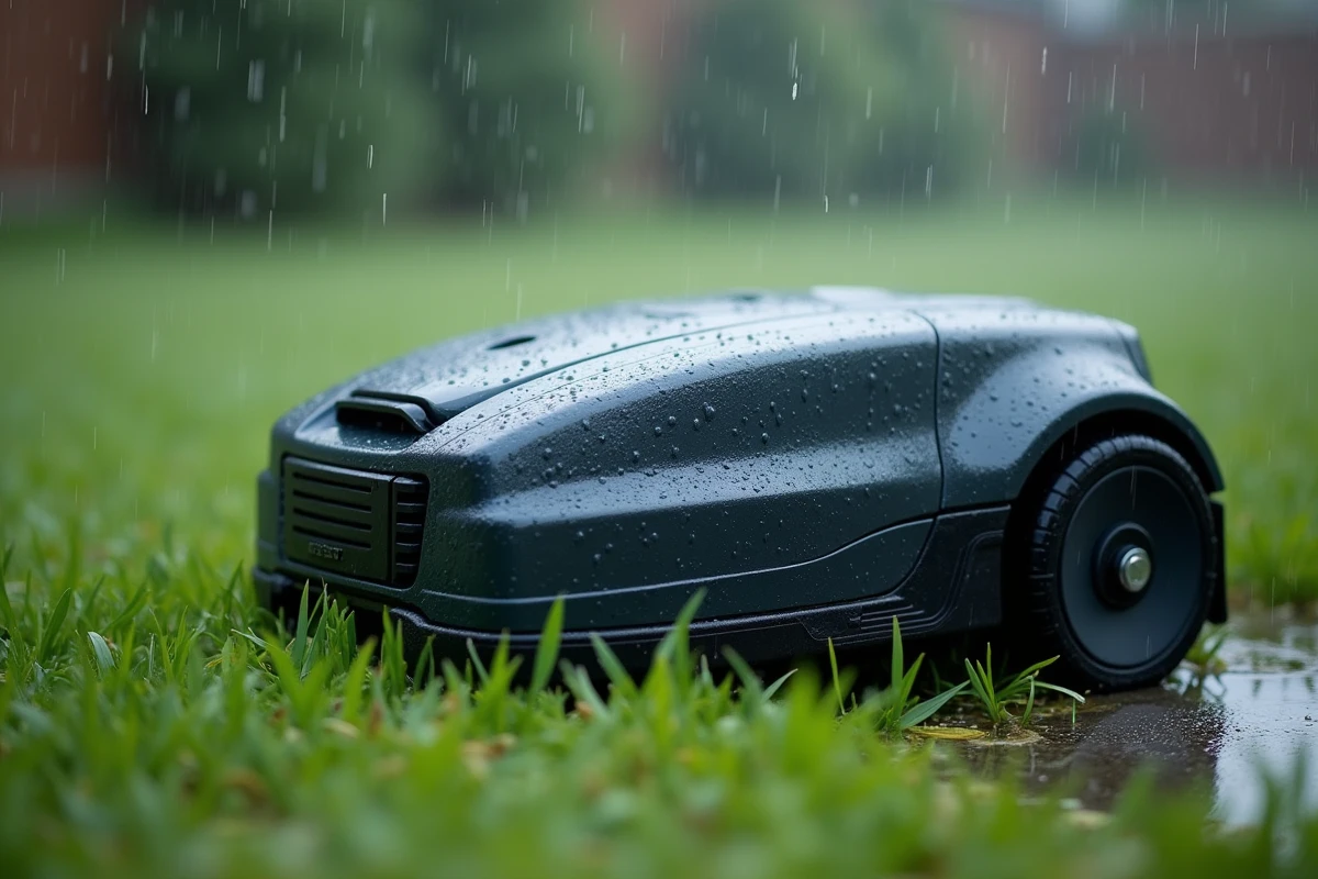 Gros plan d'un robot tondeuse sous la pluie avec gouttes d'eau sur le boîtier et herbe mouillée autour