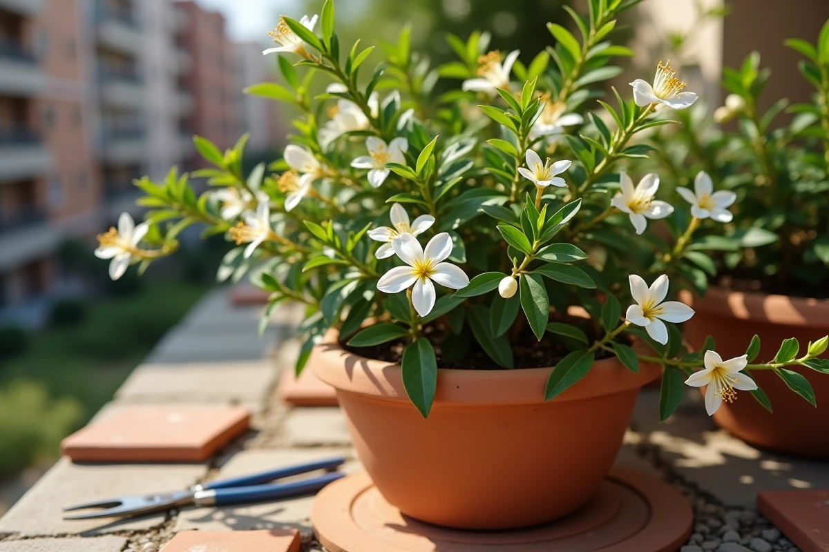 Gros plan sur les tiges taillées d'un jasmin étoilé en pot sur une terrasse urbaine avec sécateur