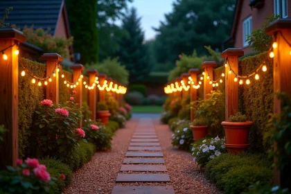 Guirlande lumineuse solaire extérieure puissante installée le long d'une clôture en bois dans un grand jardin au crépuscule