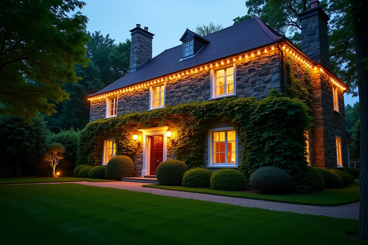 Guirlande solaire puissante installée sur une longue façade de maison en pierre avec lumières blanc chaud soulignant l'architecture