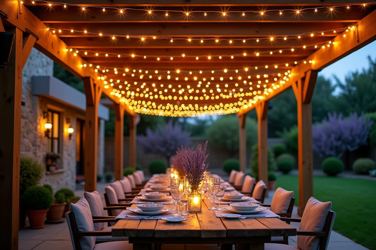 Guirlande lumineuse solaire extérieure décorant une pergola en bois dans un grand jardin avec table de repas rustique