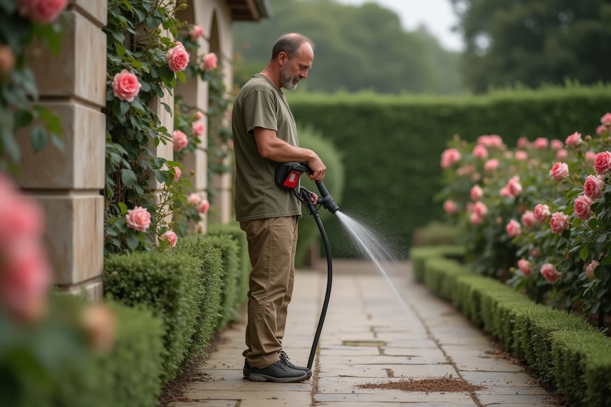 Homme arrosant des rosiers avec un tuyau d'arrosage le long d'un mur en pierre, mauvaise pratique d'arrosage en soirée au jardin