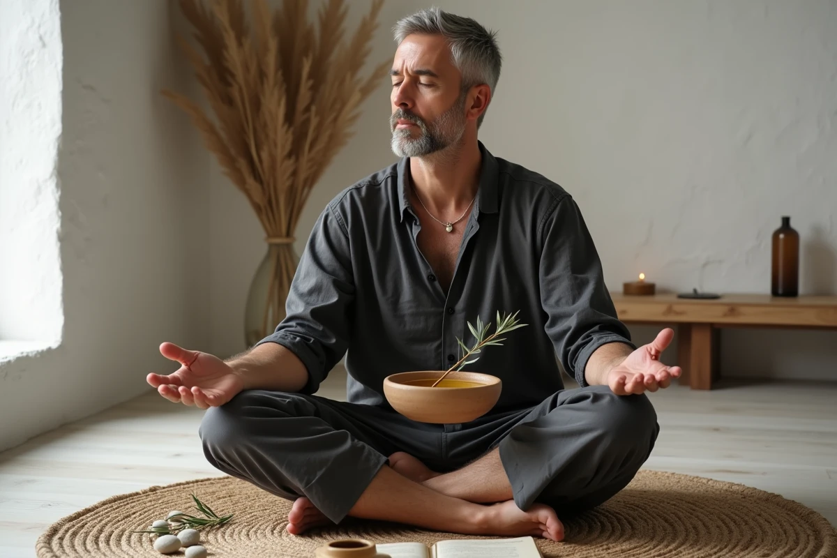 Homme en méditation tenant un bol d'huile d'olive lors d'un rituel spirituel intérieur