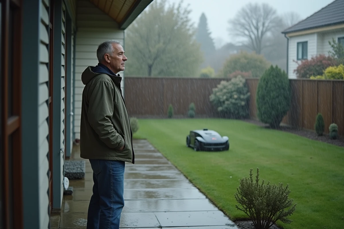 Homme observant son robot tondeuse travailler sous la pluie depuis l'entrée de sa maison