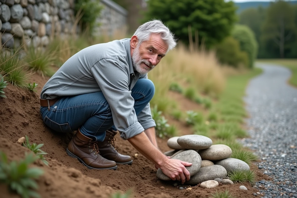 Homme posant des pierres plates sur un talus en pente pour stabiliser le sol en jardinage
