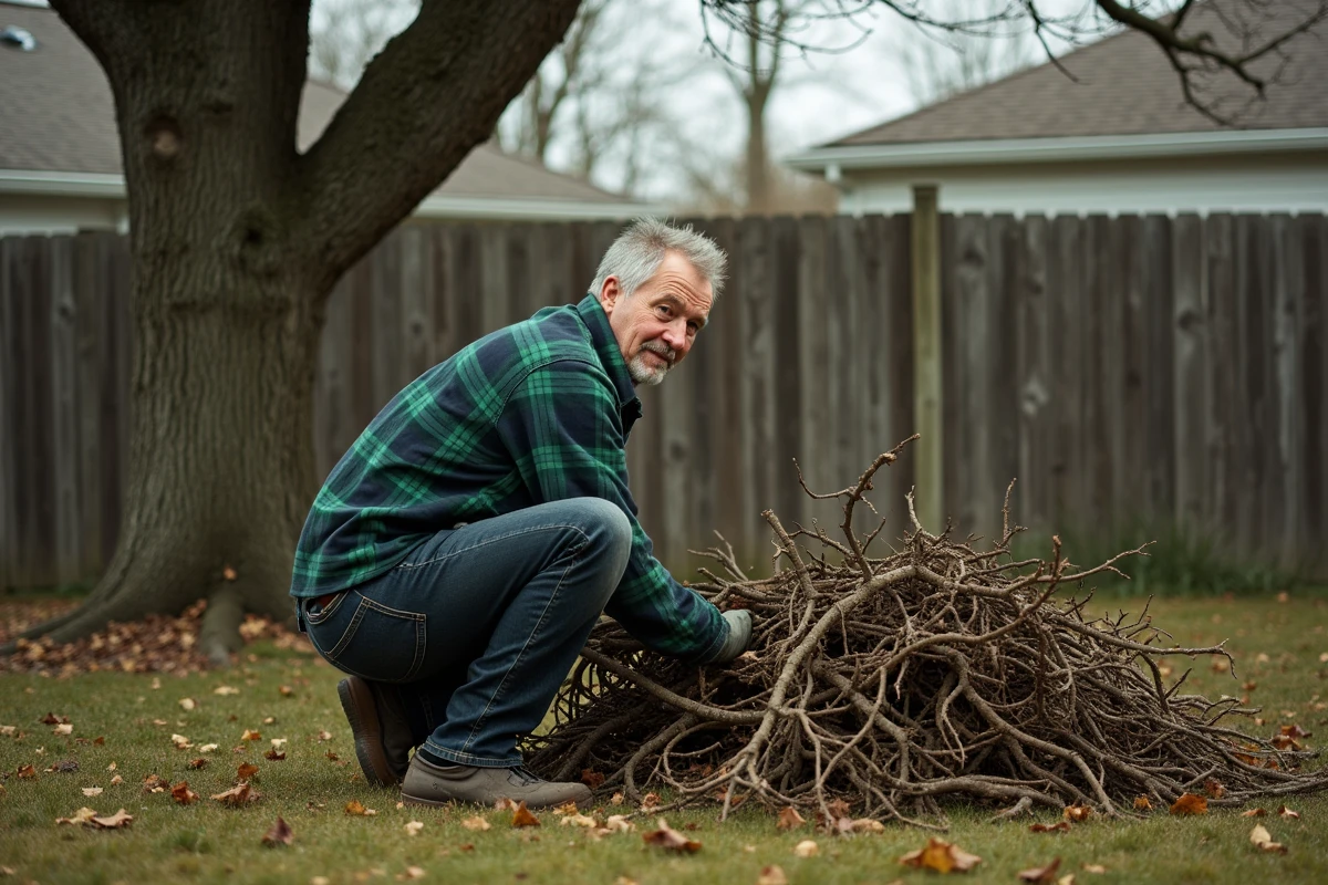 Homme ramassant des branches tombées dans un jardin après une tempête, clôture en bois et chêne en arrière-plan
