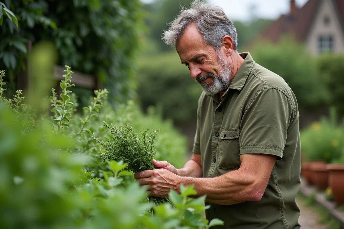 Homme récoltant des herbes aromatiques fraîches dans un jardin potager français pour préparer un bouquet garni maison, avec romarin et thym