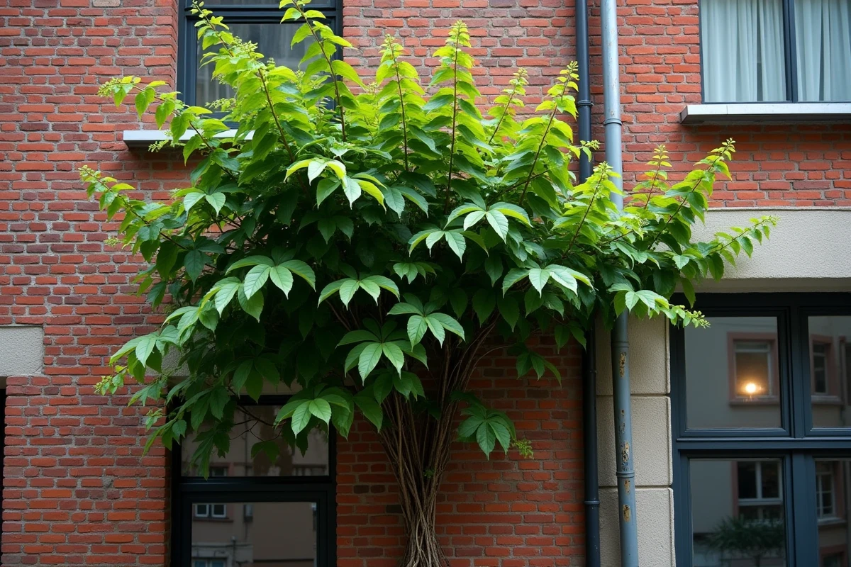 Hortensia grimpant accroché sur une façade en briques urbaines résistant aux vents de ville