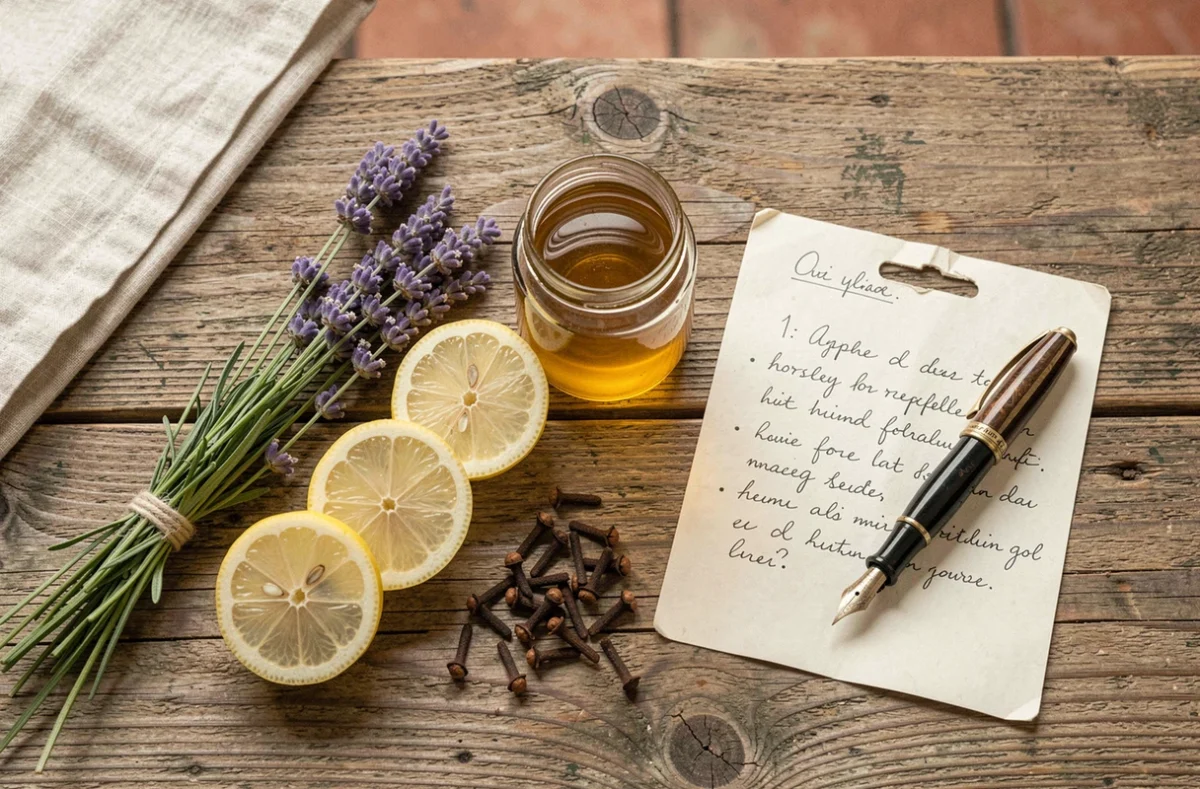 Ingrédients naturels pour fabriquer un répulsif anti-taon maison : lavande, citron, vinaigre et clous de girofle