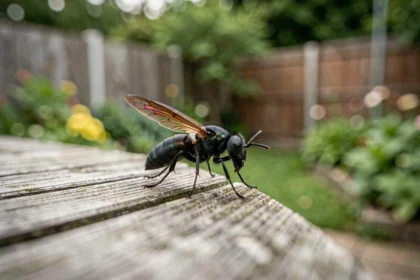 Gros plan d'un insecte noir volant posé sur une table en bois dans un jardin, précautions pour les enfants