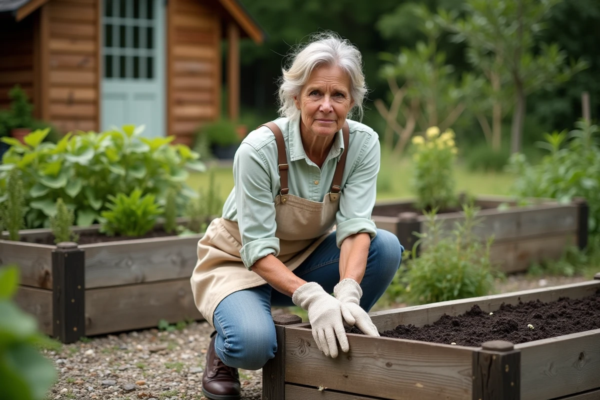 Femme inspectant les poteaux en bois d'un potager surélevé pour détecter des signes de pourriture causée par l'humidité du sol