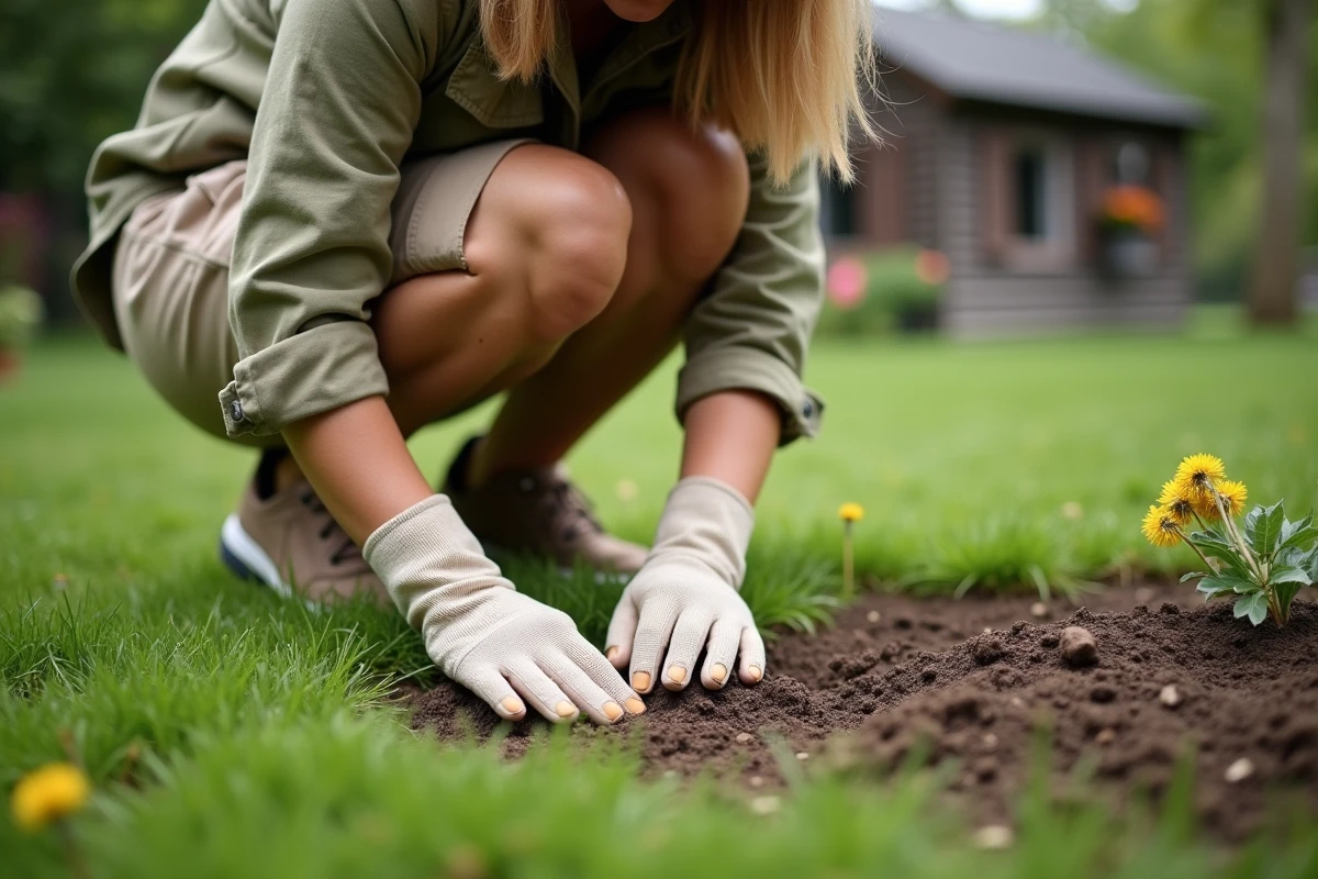 Femme inspectant une zone bosselée de pelouse en préparation de nivellement dans un jardin
