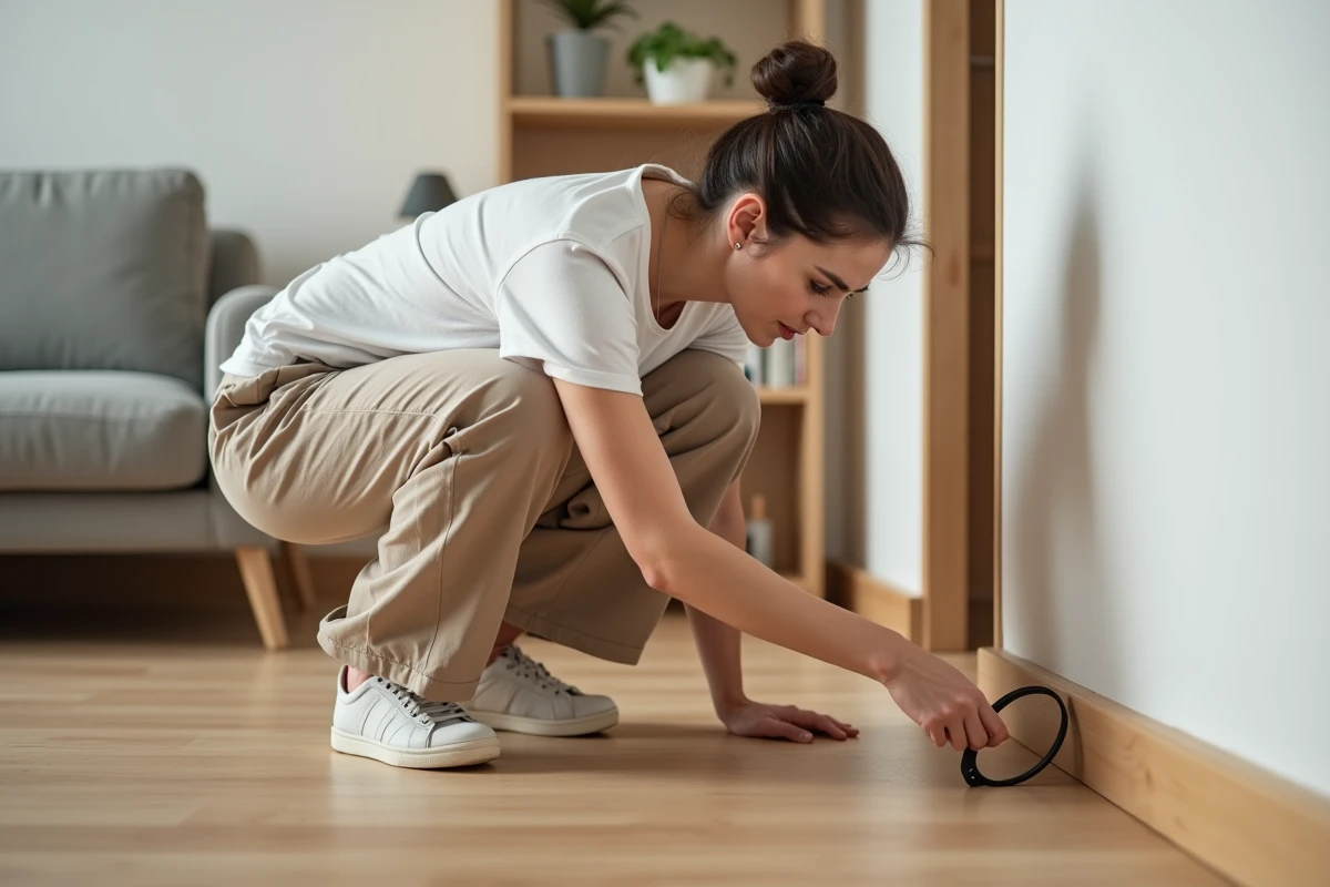 Femme inspectant une plinthe à la recherche de petites bêtes noires sauteuses dans un salon