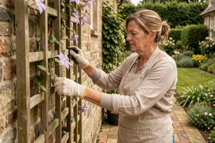 Femme jardinière installant un treillis en bois pour clématite contre un mur en pierre, dans un jardin de campagne verdoyant en été