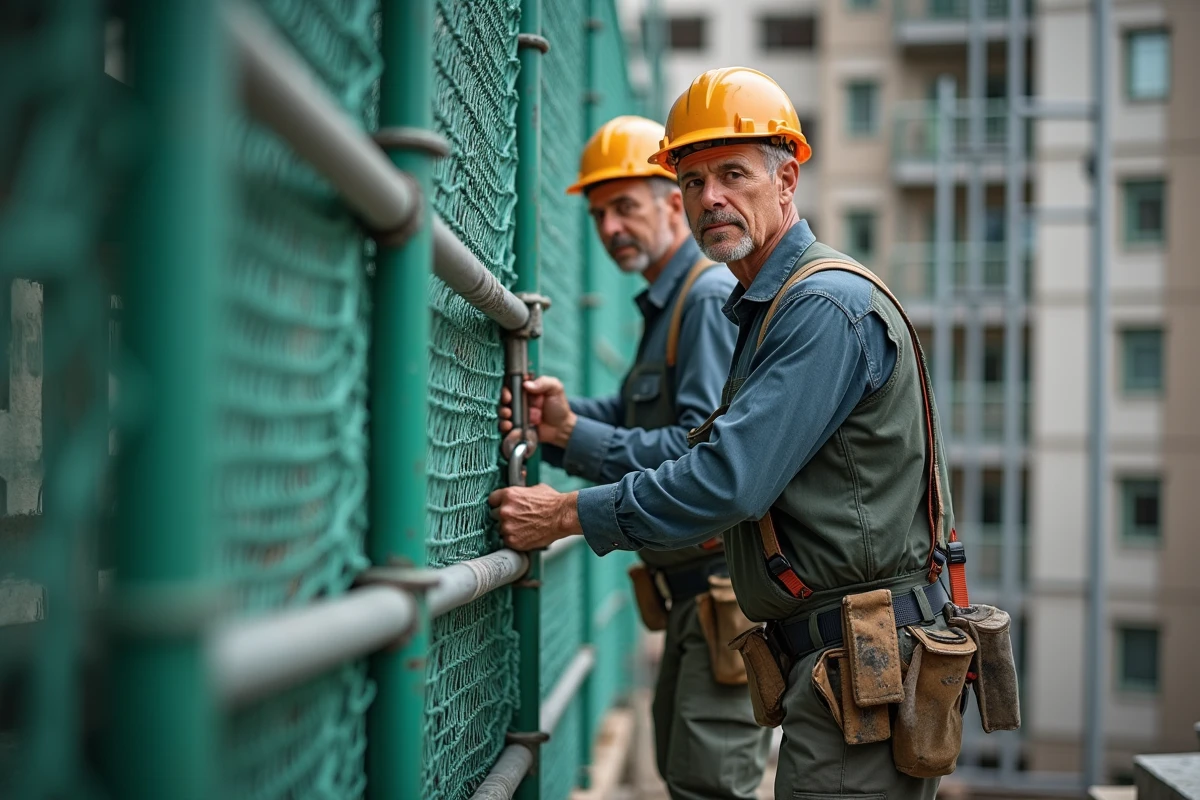 Deux ouvriers installant un filet de sécurité sur un échafaudage de chantier