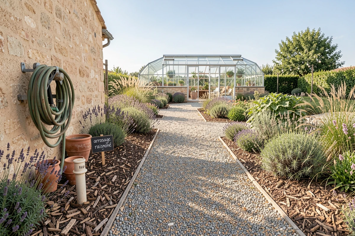 Jardin éco-conçu avec paillage, récupération d'eau et arrosage raisonné pour limiter la consommation d'eau