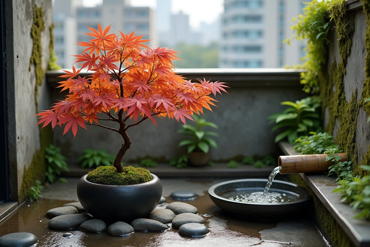Coin de jardin japonais sur terrasse urbaine avec érable en pot, galets et fontaine en bambou, adapté à une exposition est mi-ombragée
