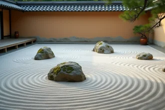 Jardin zen japonais traditionnel avec gravier ratissé en cercles et rochers en granit moussus, vue en légère plongée