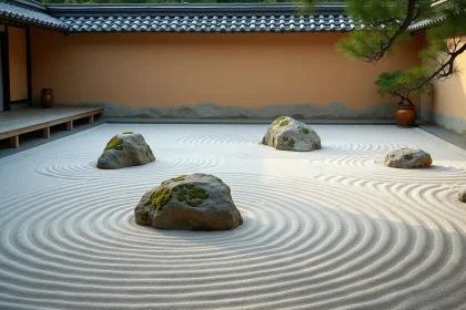 Jardin zen japonais traditionnel avec gravier ratissé en cercles et rochers en granit moussus, vue en légère plongée