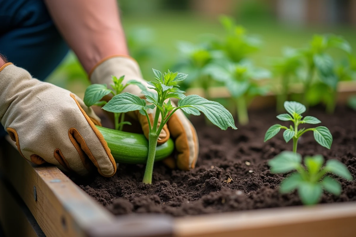 Mains de jardinier plantant une courgette à côté d'un plant de tomate dans un carré potager surélevé