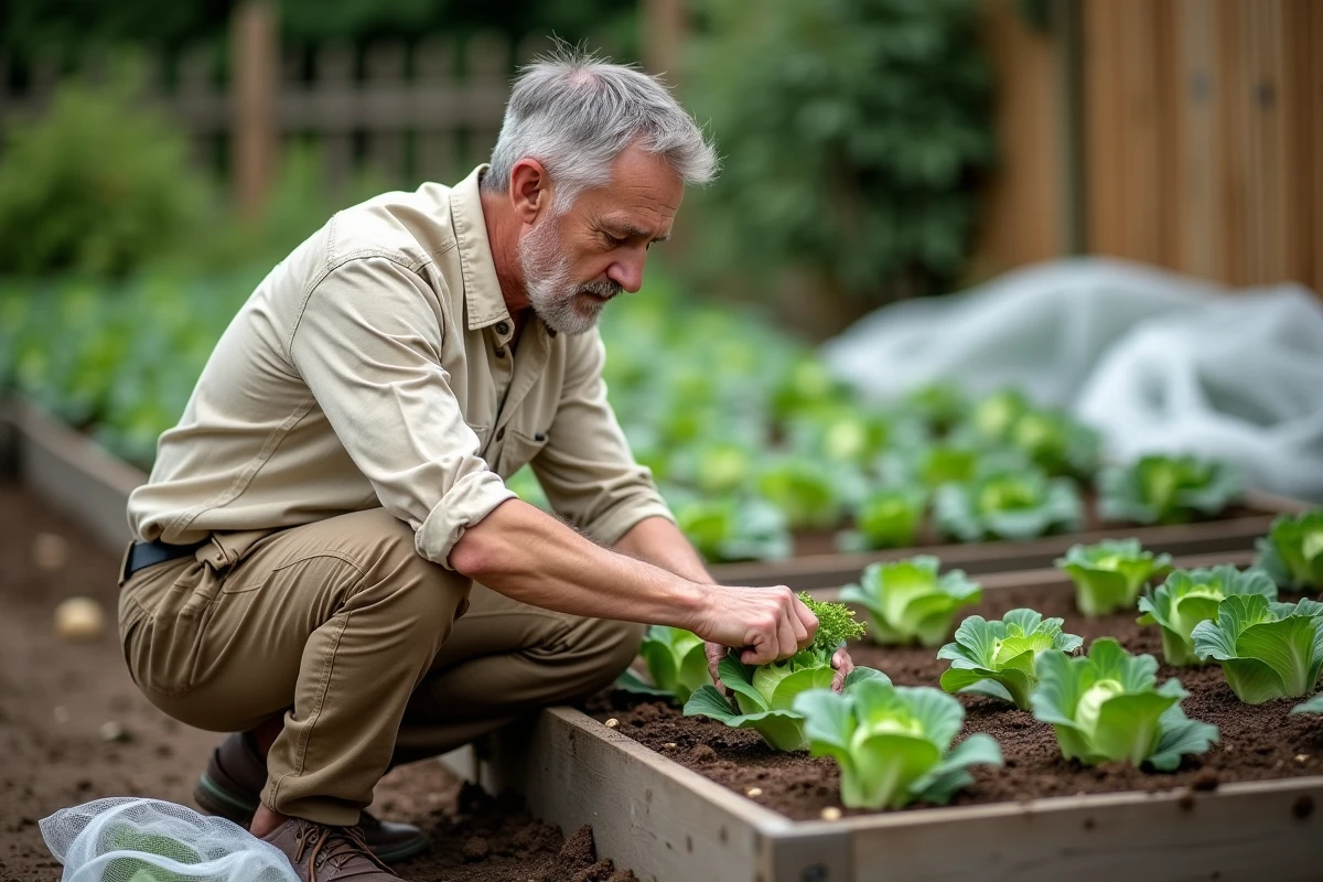 Jardinier inspectant ses plants de choux après avoir retiré le filet de protection