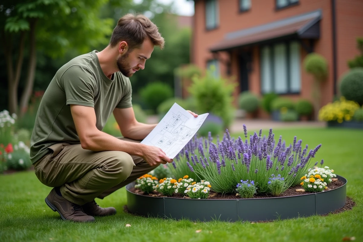 Jardinier consultant un plan de plantation devant un massif circulaire fleuri avec lavande et cosmos en pleine floraison