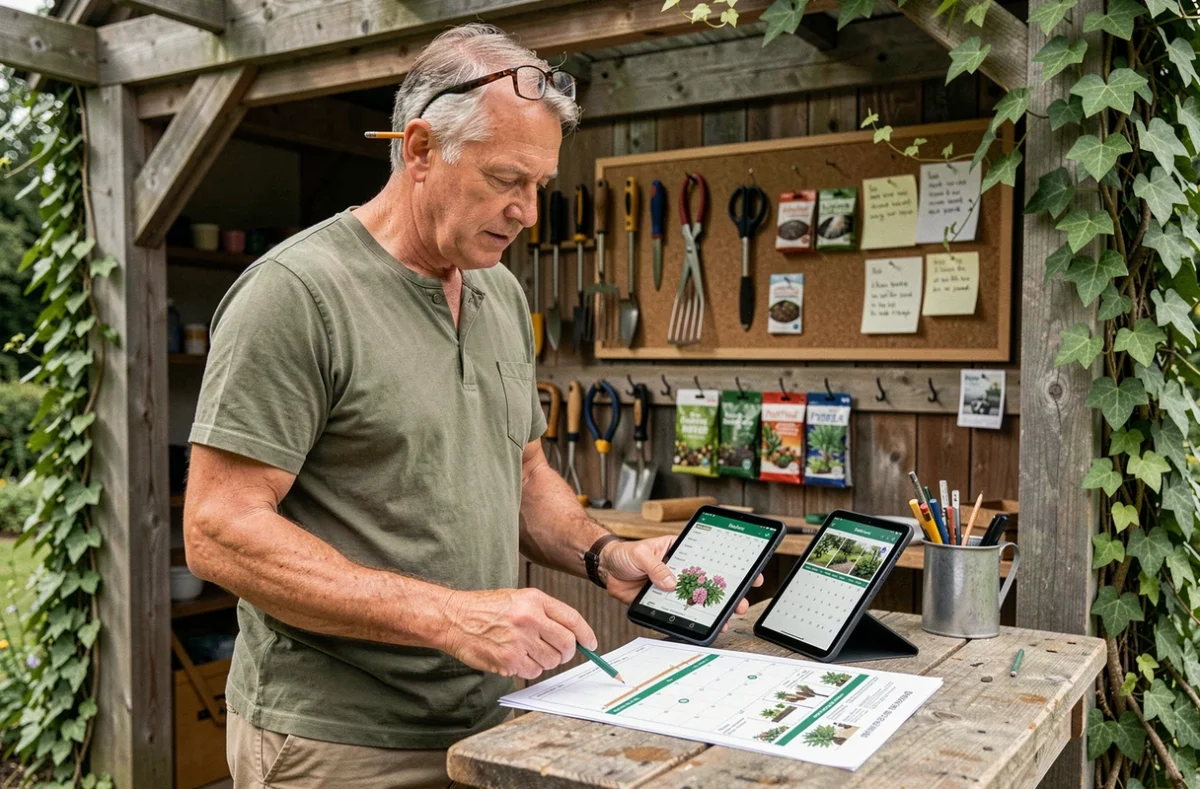 Jardinier expérimenté consultant un guide de planification de jardin durable sur un établi en bois avec des outils et des fiches de semis organisés