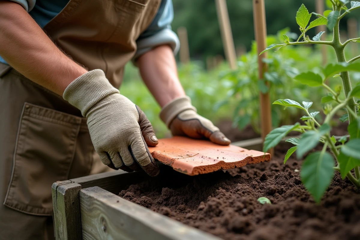 Jardinier plaçant une tuile en terre cuite près d'un plant de tomates dans un carré potager surélevé en bois