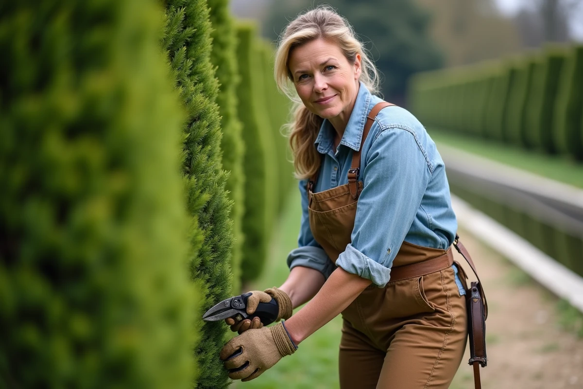 Jardinière taillant une haie de buis dans les jardins d'un château de la Loire au printemps
