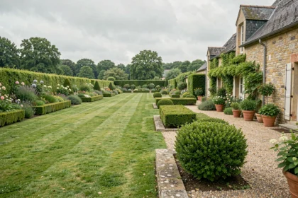 Vue panoramique d'un jardin paysager professionnel typique de la région Bourgogne-Franche-Comté, avec pelouse soignée, haies taillées et allées en pierre