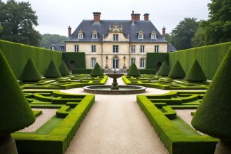 Jardins formels à la française symétriques devant un château de la Loire aux murs en tuffeau blanc