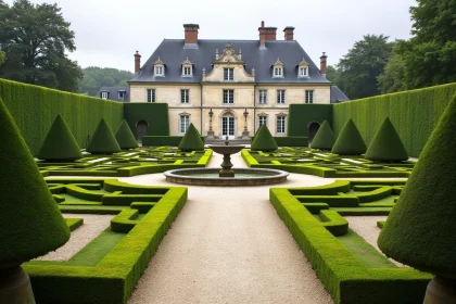 Jardins formels à la française symétriques devant un château de la Loire aux murs en tuffeau blanc