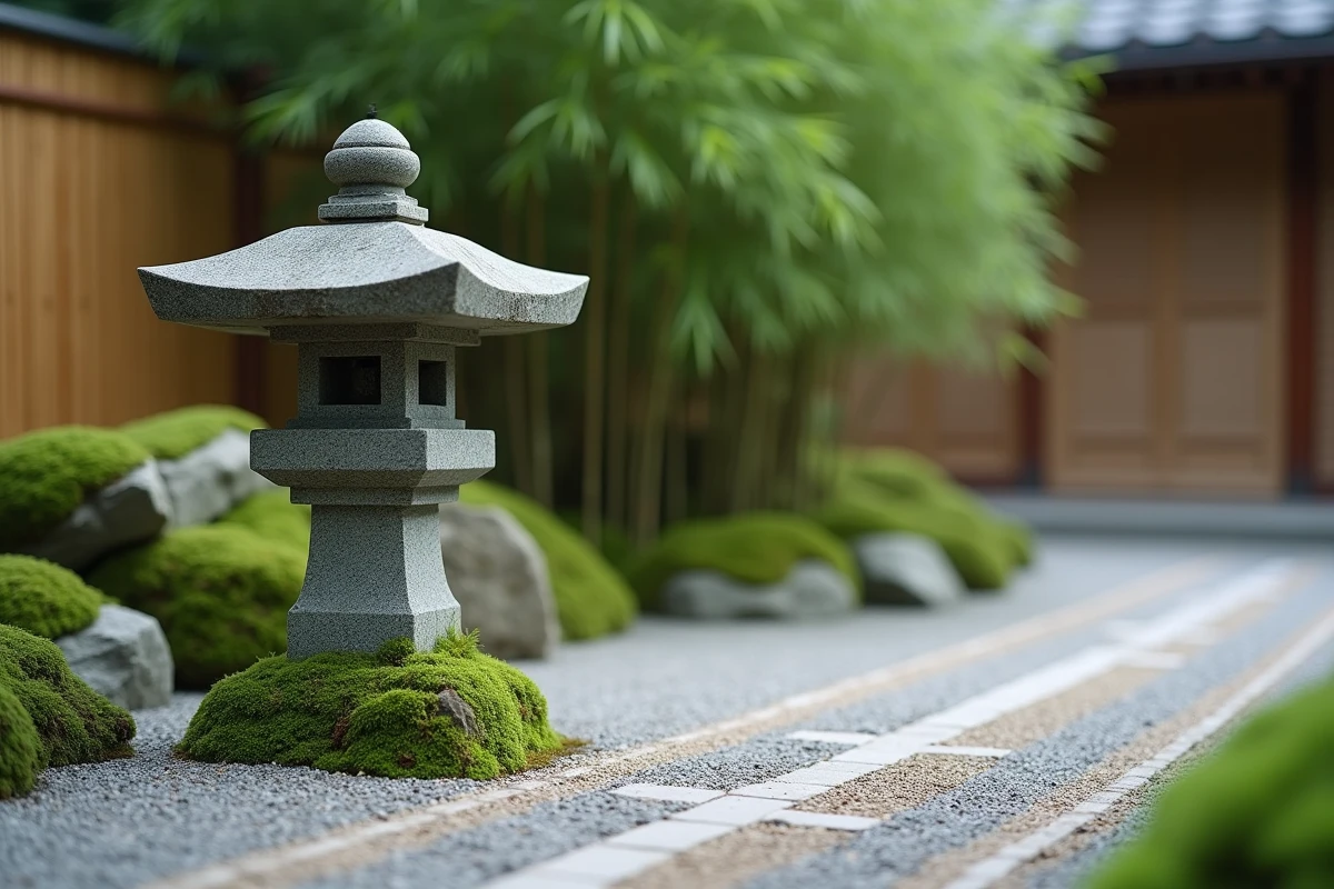 Lanterne en granit couverte de mousse dans un jardin zen avec chemin de gravier ratissé et clôture en bambou