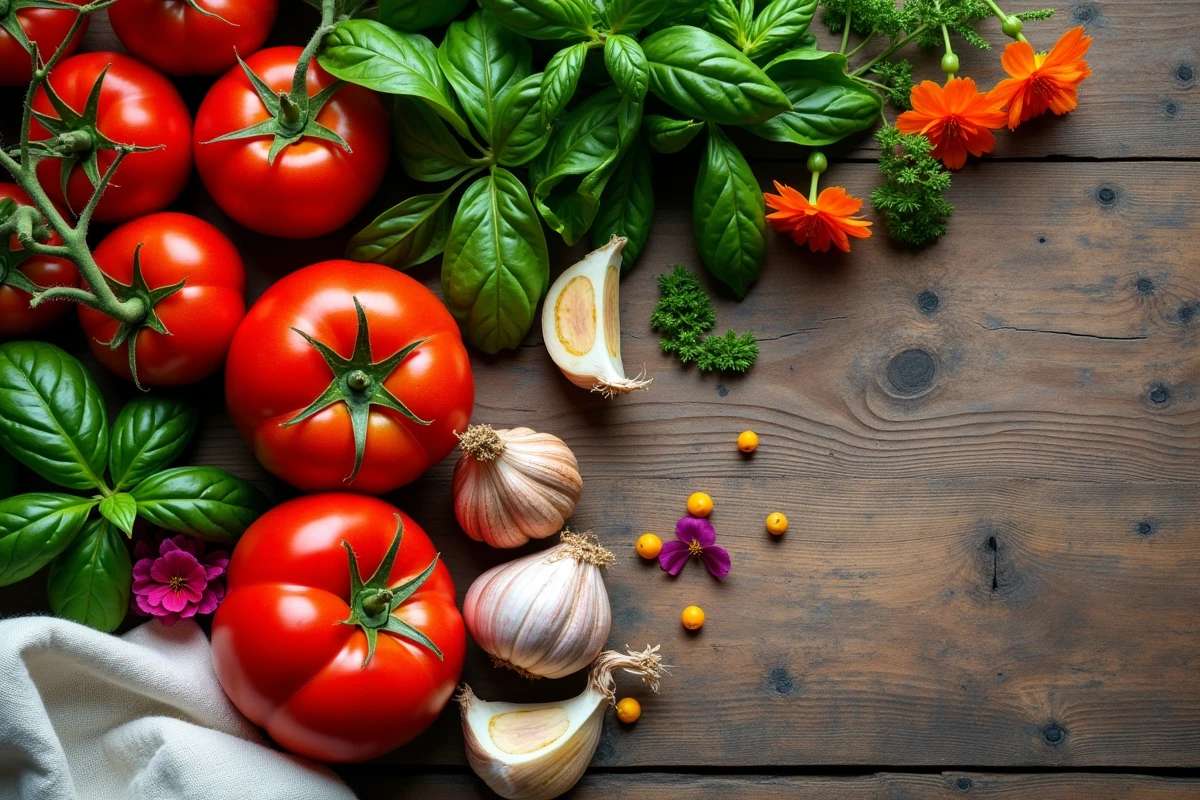 Vue du dessus de légumes compagnons des tomates récoltés sur une table en bois rustique : basilic, ail, capucines et persil