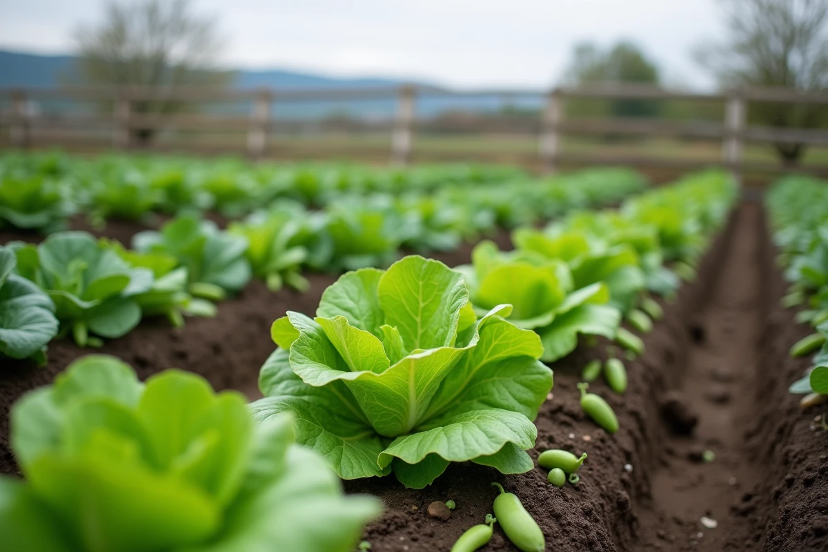 Rangées de légumes à croissance rapide comme la laitue, les épinards et les haricots dans un jardin potager rural
