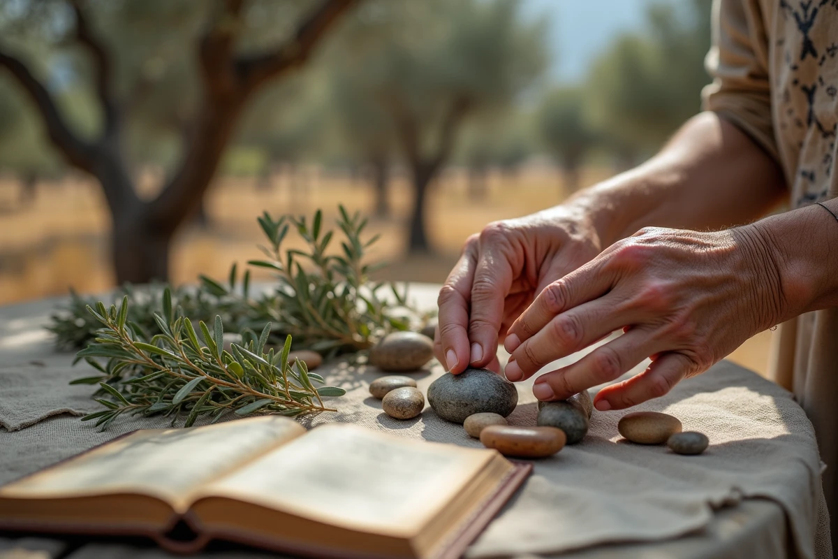 Mains âgées arrangeant des branches d'olivier et des herbes pour un rituel spirituel en plein air