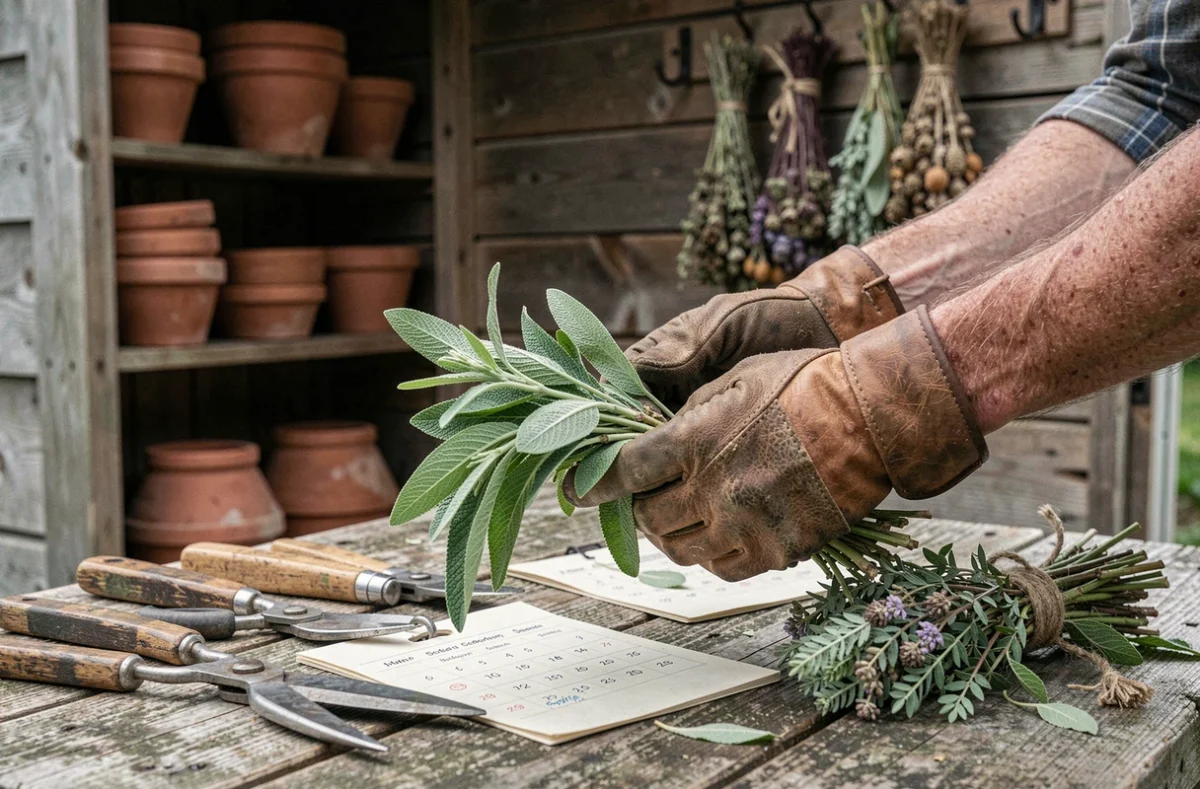Gros plan de mains gantées tenant des branches de sauge arbustive taillées sur une table de jardin en bois avec outils