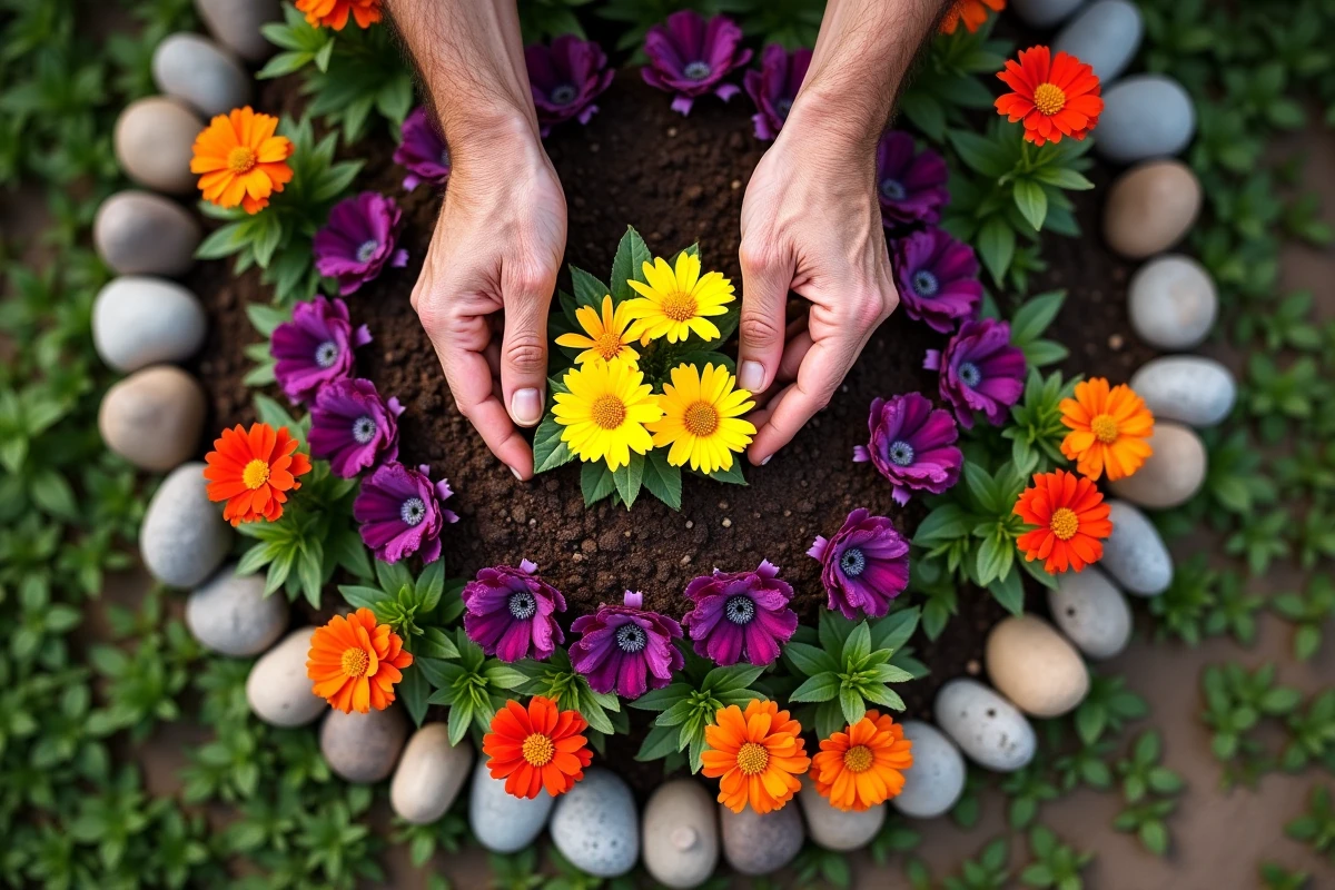 Vue aérienne d'un massif de fleurs circulaire avec anneaux concentriques de fleurs colorées et bordure en galets