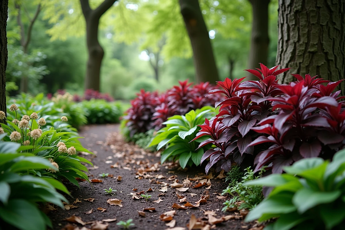 Massif de jardin ombragé sous des arbres avec impatiens, heuchères et pervenche comme couvre-sol