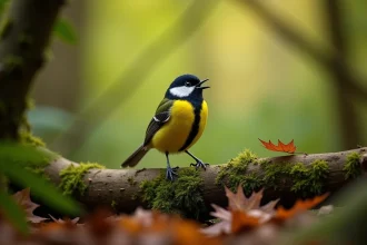 Mésange charbonnière perchée sur une branche mousse en forêt, bec ouvert en train de chanter, plumage jaune et noir détaillé