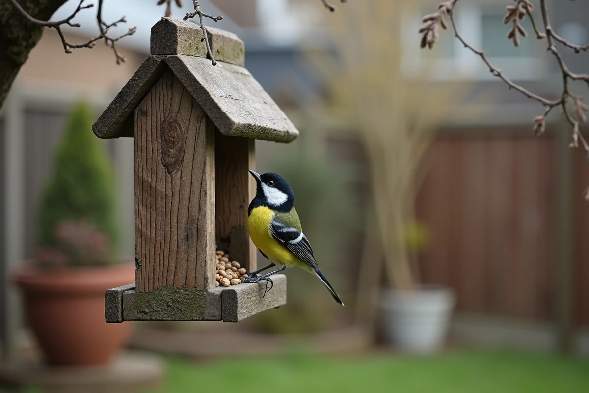 Mésange charbonnière accrochée à une mangeoire en bois dans un jardin urbain, becquetant des graines de tournesol en hiver