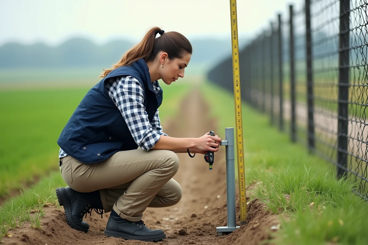 Femme mesurant la profondeur d'un piquet de clôture métallique installé dans un champ agricole avec un mètre ruban