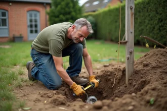 Homme mesurant la profondeur d'un trou pour poteau de clôture en bois dans un jardin résidentiel