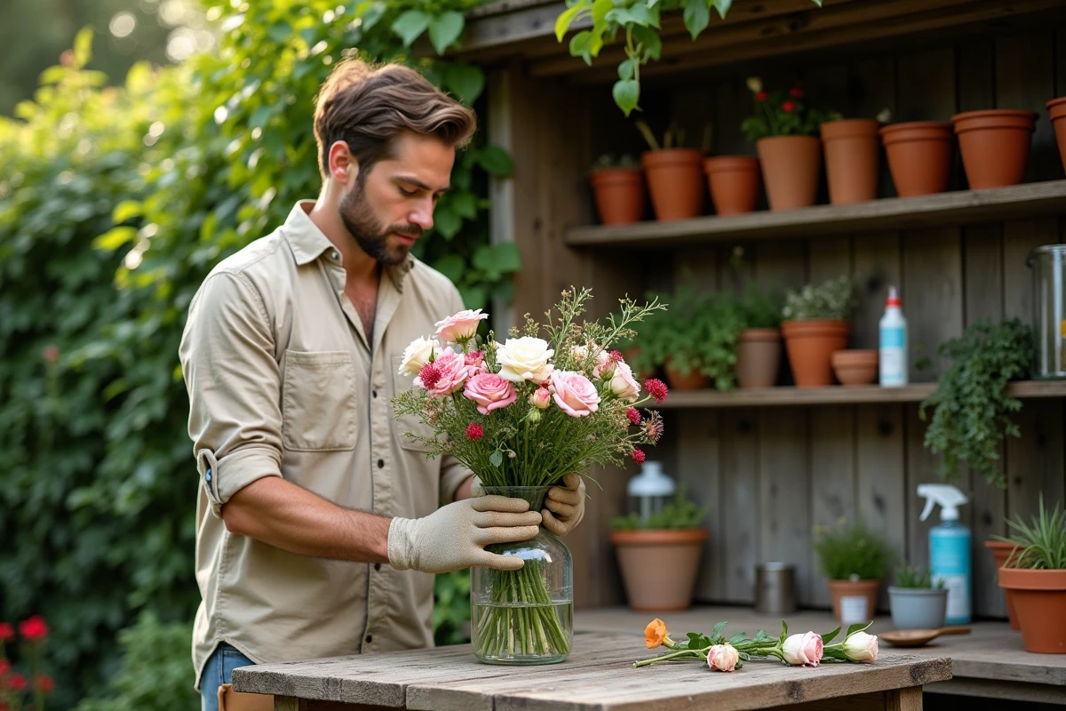 Homme plaçant des roses fraîches dans un vase en verre sur un établi de jardinage en extérieur