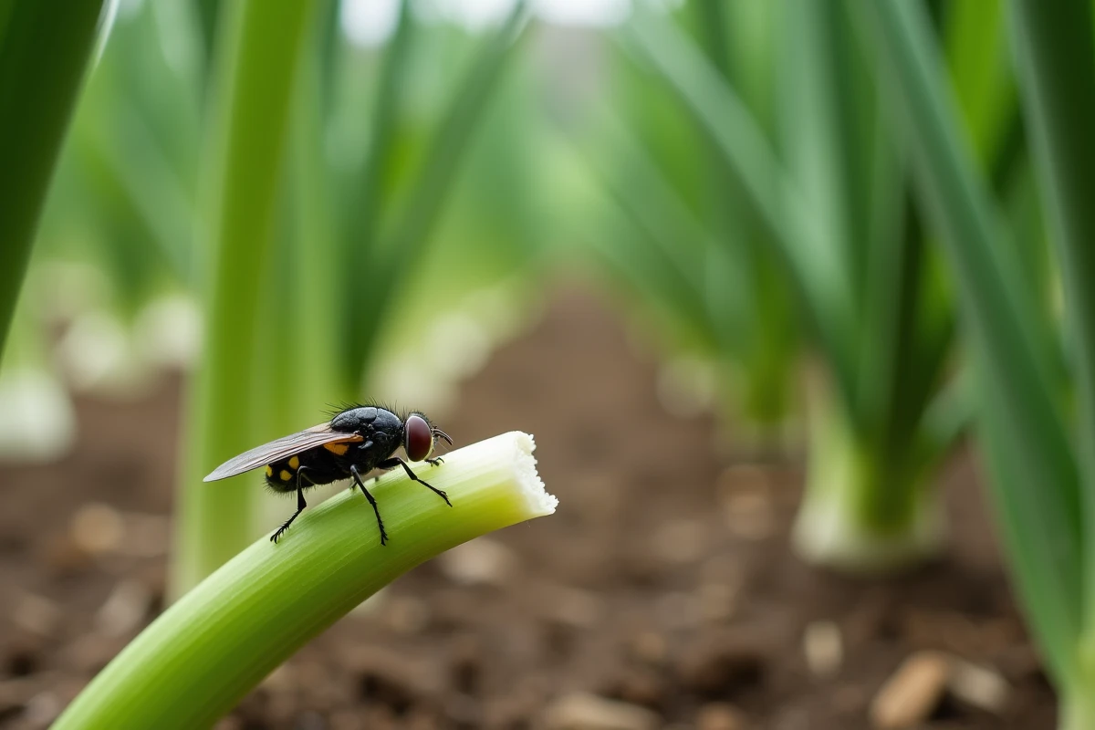 Mouche mineuse de l'ail adulte posée sur une feuille de poireau au jardin